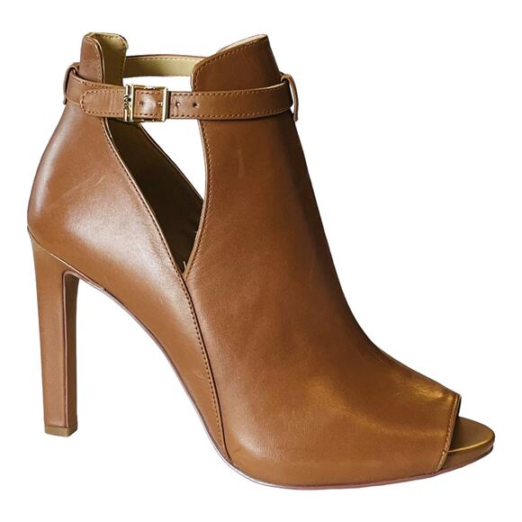 Michael Kors Lawson Leather ANKLE BOOTS Women's 10 Open Toe Luggage Brown Bootie - Picture 1 of 10